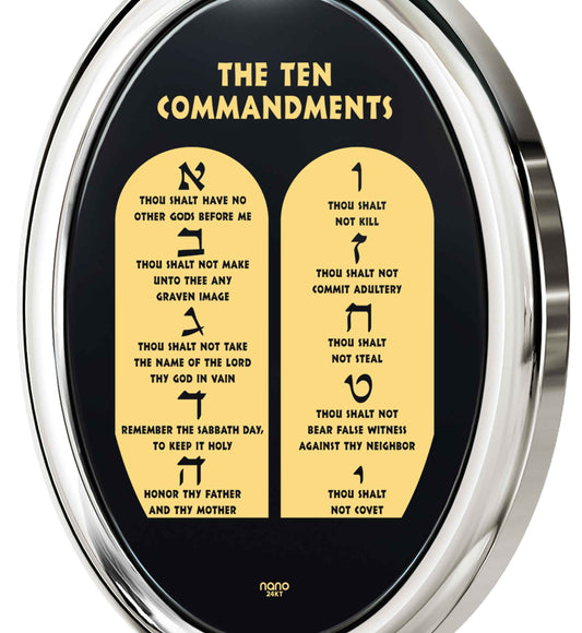 10 Commandments Necklace Hebrew Pendant 24k Gold Inscribed on Onyx