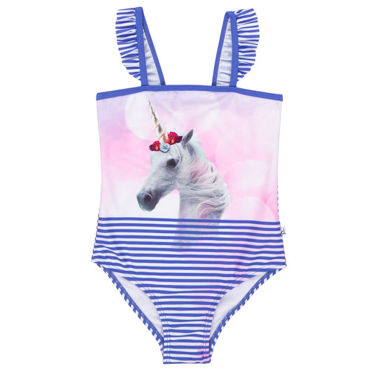 Blue Striped One-Piece Swimsuit With Unicorn Print